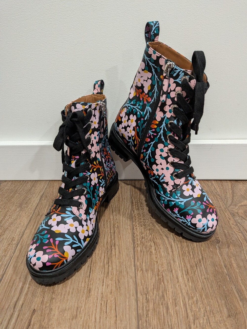 Kate Spade Jemma Womens Lace Up Combat Boots Black Multi Flower Leather US 7